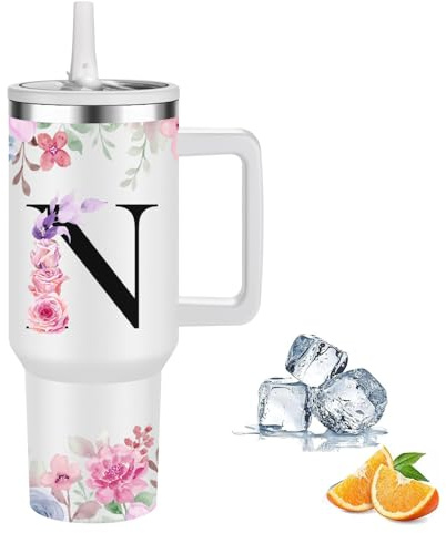 Botella Agua Termica Personalizada, Cool Bottles de Acero Inoxidable de 1.2 Litros, Termo Cafe para llevar con tapa y pajita, Copo Termico sin BPA, Letras de Moda, Regalos Originales para Mujer (N)