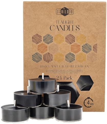 Velas de Cera de Abeja Natural 100% - Velas de Té con Mecha de Algodón – 4 Horas de Duración – Pack de Velas 24 Unidades – Velas Pequeñas de Cera de Abeja Pura y Plástico Reciclado de Danilovo