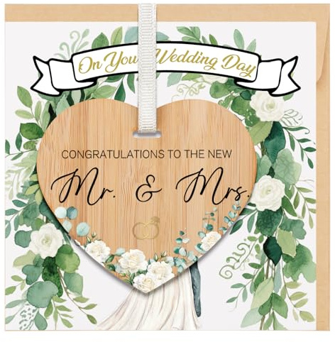 TheGiffter Wedding Card for Bride and Groom, Congratulations Gift Cards with Envelope 150x150mm, On Your Wedding Day Gifts for Bride and Groom Mr and Mrs with Wooden Heart Plaque