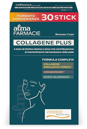 Collagene Plus, 30 Stick, Alma Farmacie, Idrolizzato Tipo Verisol 2.500 mg e Acido Ialuronico, Biotina, Integratore per Bellezza, Pelle, Capelli, Unghie