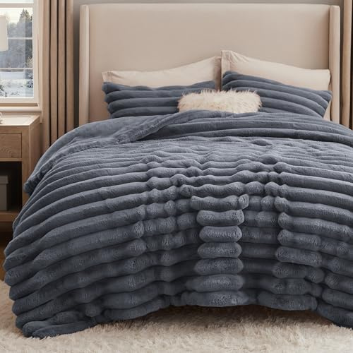 Bedsure Faux Fur King Size Comforter Set - Grey Fluffy Comforter King Size, Soft and Cozy Shaggy Winter Bedding Comforter Sets, Warm Luxury Fuzzy Bed Set 3 Pieces, 1 Comforter and 2 Pillowcases