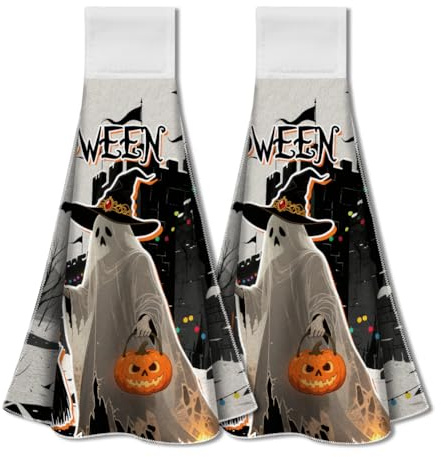 WADORN 2 Pack Halloween Geister Küchentücher Zum Aufhängen Mit Schlaufe, Halloween Kürbisse Fledermäuse Gruseliges Handtuch Zum Binden Mikrofaser Weich Saugfähig Zum Aufhängen Waschlappen 31.5x34.5cm