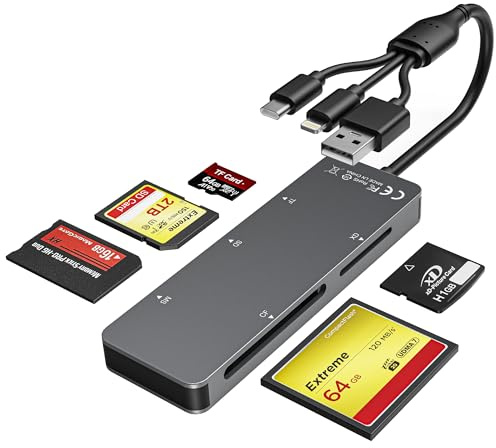 Aluminium 5-in-1 Memory Stick Pro Duo Adapter für iPhone/PC/Android, Lightning USB C USB A Multi-Kartenleser für SD/TF/CF/MS/XD-Karten, Hochgeschwindigkeits-Datenübertragung für Kamera/GoPro/Drohne