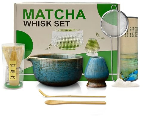 Mabecol Matcha Set Grün 8-teilig Mit Matcha Schale Mit Ausgießer (Chawan), Matcha Besen Set Mit Sieb Und Halter, Tee Zubehör Aus Bambus Und Keramik, Geschenkidee Für Matcha-Liebhaber Blau