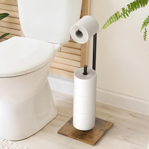 UOMIO Toilet Roll Holder Stand with Wooden Base, Freestanding Toilet Paper Holder, Toilet Roll Storage, Bathroom Spare Paper Rack Dispenser for 4 Reserve Rolls