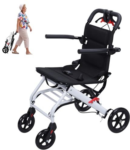 Portable Transit Travel Wheelchair, Ultra Lightweight Folding Transport Wheelchair for Adults and Seniors, 81KG Capacity, Aluminium, Narrow Doorway Mobility Wheelchairs (White)