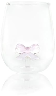 Curator Home Glass Drinking Glass with Figurine Inside – Decorative Glass Cup – 12.2cm Height (Pink Bow)