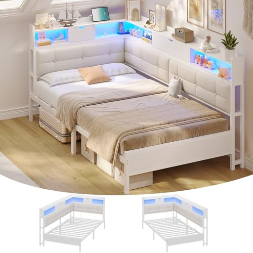 AOGLLATI Bett 90x200 mit 6 Staufächern Jugendbett 90x200 mit LED-Beleuchtung Kinderbett Polsterbett Schlafsofa mit Steckdosen Gästebett Tagesbett mit Lattenrost aus Metall (Beige, 90x200cm)