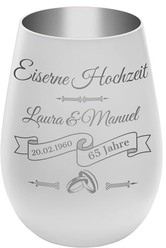 Personalisiertes Windlicht Weiß/Silber mit graviertem Motiv 'Eiserne Hochzeit' – mit Namen & Datum – Geschenk für 65. Hochzeitstag, Tischdeko, Teelichthalter, Kerzenhalter