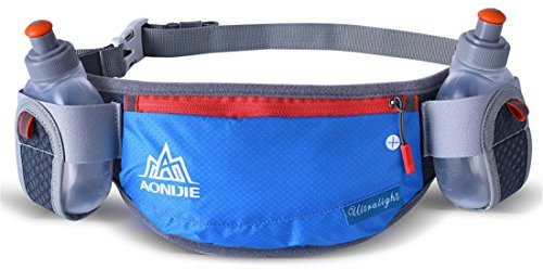 AONIJIE Männer Frauen Sport Trinkgürtel mit 2 Stücke Trinkflaschen Hüfttasche Geeignet für Einstellbarer und stabil Taille Pack (Blau)