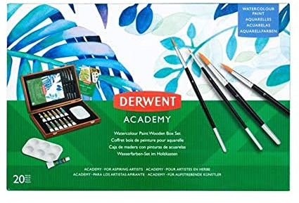 Derwent Academy Målarset med Vattenfärger, Måleri, Set med 18 Färger i Presentask av Trä, Pensel, Palett för Färgblandning & Block Inkluderade, Professionell Kvalitet, 2305673