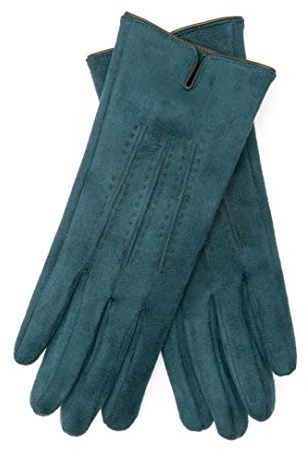 EEM Damen Handschuhe 100% vegan, Velours Optik, weiches elastisches Material, kuscheliges Teddyfleece, dunkelgrün onesize