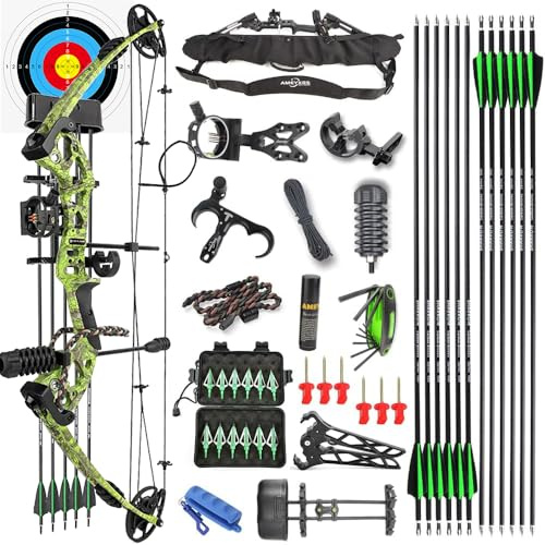 AMEYXGS Bogenschießen Compound Bogen 30-55lbs Einstellbar Sportbogen Jagdbogen mit Carbon Pfeile 310FPS Erwachsener Bogen Outdoor Schießen Ziel üben rechte Hand (Grün + Zubehör)