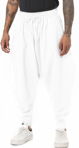 PACEIADTA Mens Casual Harem Pants Baggy Aladdin Hippie Elastic Waist Drop Crotch Trousers, White-3, XXL