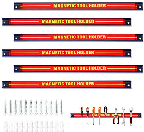 TANGZON Set of 3/6 Magnetic Tool Holder Rack, Heavy-Duty Steel Wall Mounted Tool Strip Organizer, Garage Wall Holder for Screwdriver Wrench (6PCS with Same Length, Red)