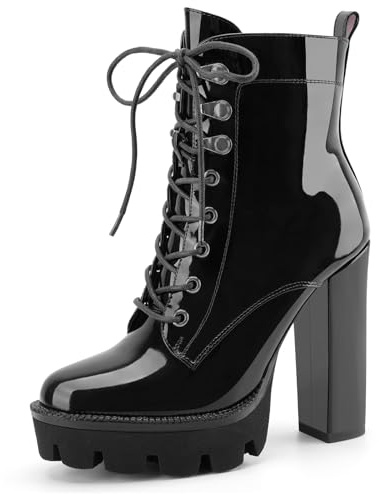 Z.Oufeier Women's Platform Ankle Boots Fashion Black Chunky Heel Lug Sole Combat Boots Lace Up High Heeled Booties(12,black patent