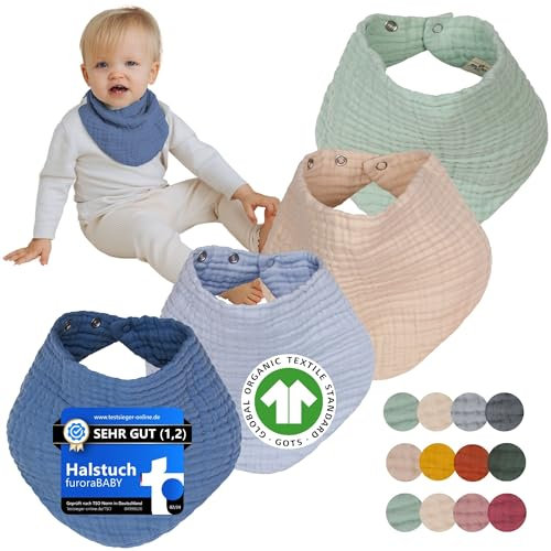 furora BABY Musselin Halstuch Baby Mädchen & Jungen, bio Baumwolle OEKO-TEX: Set (4 Stück) Dreieckstuch Baby Winter + Sommer | Lätzchen Baby Neugeborene- Kinder 4 Jahre: weich saugfähig
