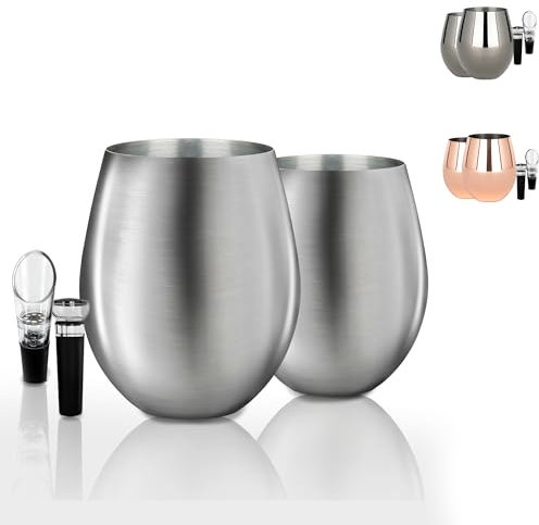 TenTen Labs Weingläser ohne Stiel aus Edelstahl (2er-Set) mit Weinbelüfter und Stopper – 530 ml – unzerbrechliches Weinglas für Outdoor, Reisen, Camping und Pool – gebürstetes Silber