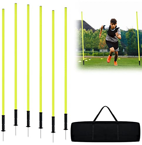 TRMLBE Slalomstangen Fussball 1,8m 6er Trainingsstangen Hürdenstangen mit Metallspitze Agility Set Hunde Kinder für Koordinationstraining und Agilität - Gelb