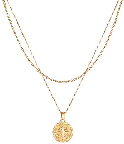Kuzzoi Herren Silber-Halskette Layer Look mit Kompass Anhänger (25 mm) Halskette für den Mann in 925 Sterling Silber vergoldet Layer Kette maritim handgefertigte Herrenkette mit Anhänger