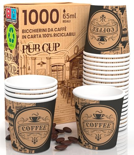 Eurocali 1000 Vasos de Papel para Café 65ml PubBeigeCUP Vasos Ecológicos Biodegradables Desechables Pequeños Para Llevar Bebidas Calientes