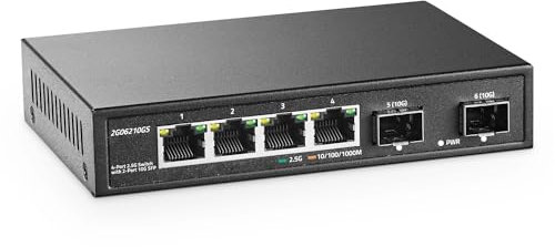 YuLinca Switch di rete 2,5G a 4 porte con 2x10G SFP, 4 porte 2,5GBASE-T, compatibile con 100/1000/2500Mbps, switch Ethernet desktop in metallo non gestito multi-Gigabit Fanless