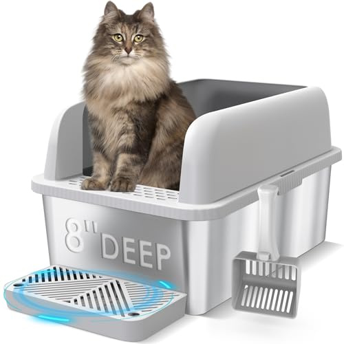 Suzzipaws 20 cm djup kattlåda i rostfritt stål med lock, extra stor kattlåda för stora katter, XL metallsandpanna med höga väggsidor, icke-klibbig, anti-läckage, enkel rengöring