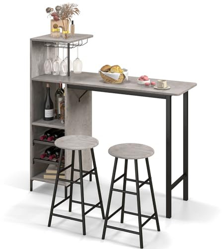 RELAX4LIFE Bartisch Set 3-Teilig, Esstisch mit 2 Barhockern, Thekentisch mit 3 Ablagen & 2-stufigem Weinregal & Glashalter, Bistrotisch Set mit Metallgestell, Essgruppe für 2 Personen (Grau)