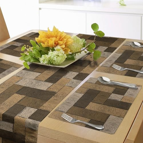 ABAKUHAUS Schokolade Tischläufer & 4 Stück Tischsets, Parkettmuster im Holzstil. Geometrisches Design in von der Natur inspirierter Kunst, Set für die Tischdekoration, 180 cm x 40 cm, Beige