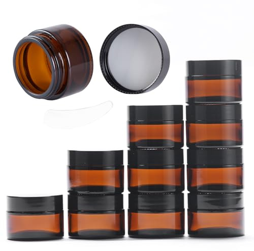 OverNews Lot de 8 Petits Pots en Verre Ambré avec Doublure Intérieure, Couvercle Noir, Spatule 30 ml