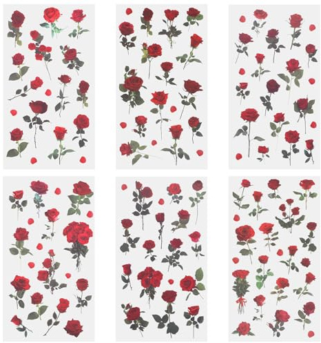 6 Blatt Scrapbooking Aufkleber, Rosen Sticker Pet Blumen Aufkleber Wasserfeste Flower Stickers Blumenaufkleber für Scrapbook Fotoalbum Sammelalbum Laptops Handwerk