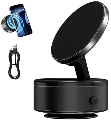 Electric Vacuum Magnetic Suction Phone Mount, Folding Holder, 360° Rotation Adjustable Suction Cup Magnetic Holder for Car, Gym, Mirror, Smooth Surface (Black)