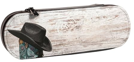 Nddcedew Niedliches Federmäppchen für Kinder, Teenager, Leder, Reißverschluss, Cowboyhut und Stiefel, bedruckt, Studenten, Schreibwaren-Tasche, Stifthalter, tragbarer Aufbewahrungs-Organizer, Schwarz