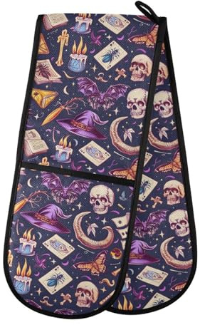 Double Oven Gloves Skull Wizard Purple Print Heat Resistant Pot Holder Oven Mitt Gloves for BBQ Cooking Baking Grilling Microwave
