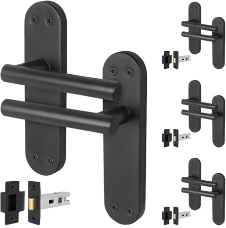 EAI Matt Black Door Handles with Latch 64mm, 4 Pack - Oliena | Complete Latch Kit with 4 Pairs of T-Bar Lever on Backplate Door Handles, 64mm Latches, Fixings Included