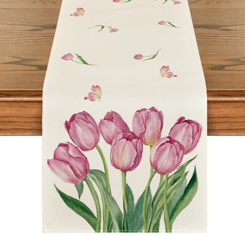 Artoid Mode Rosa Blumen Tulpen Frühling Tischläufer, Saisonnal Küche Tisch Dekoration Drinnen Urlaub Party Dekor 40x140 cm