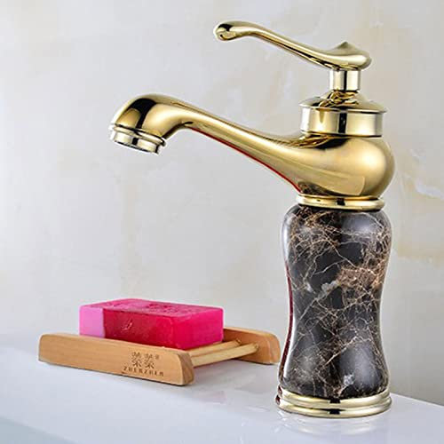 CCKUHN Hot and Cold Washbasin Faucet Countertop Basin Wash Basin Jade Gold Single Hole All-Copper Basin Faucet