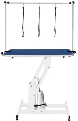 Hydraulic Pet Dog Grooming Table Lift Height Adjustable H Bar 180kg Weight Capacity Large 106cm x 61cm Blue Rubber Top Professional Heavy Duty Steel White Frame 4 Adaptable Stable Feet 3 Loop Leashes