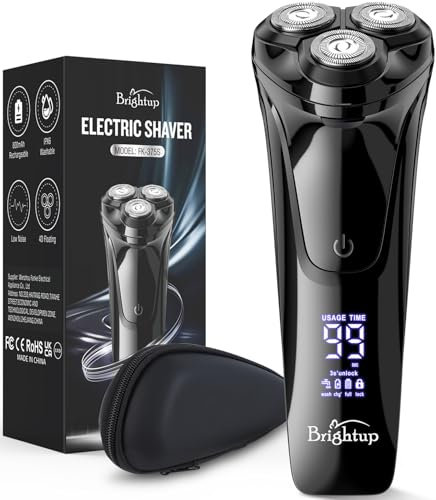 Brightup Electric Razor for Men, Waterproof Cordless Electric Shaver with Pop-Up Trimmer, Type-C Fast Charge, Travel Lock & Case, Wet & Dry Rotary Shavers for Men Smooth Shaving, Black