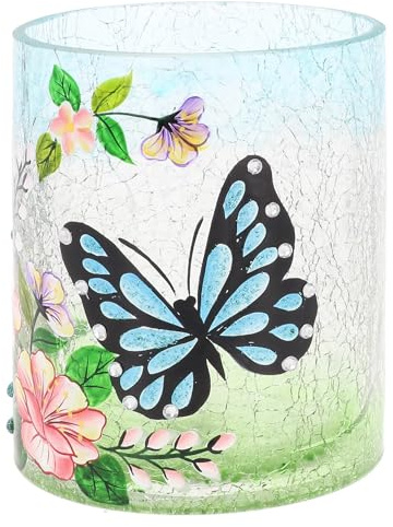 Shudehill Giftware Crackle Tealight Candle Holder - Large Stained Glass Design with Blue Butterfly and Floral Pattern, Home Decor for Table, Mantles or Centerpiece 12x10cm