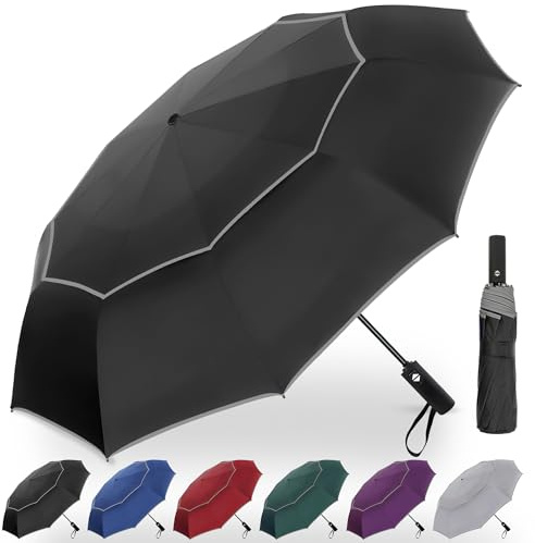 Satol Grande ombrello da golf portatile da 157 cm con striscia riflettente, antivento, 10 stecche ventilate, doppio baldacchino, ombrello da pioggia oversize compatto per viaggi, impermeabile e