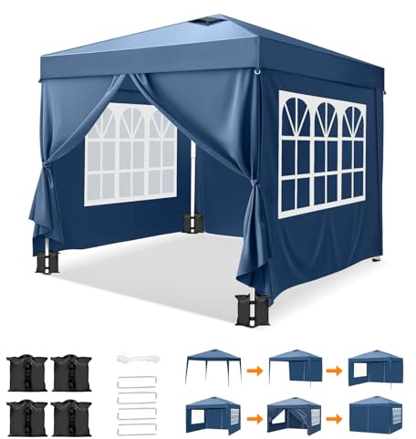 Bonnlo Pop-up Pavillon, Faltpavillon 3x3m, Höhenverstellbar, Wasserdicht Partyzelt mit 4 Seitenteilen, Gartenpavillon für Outdoor Hochzeit Garten Camping Party, Grau (Blau mit Sandsäcken)