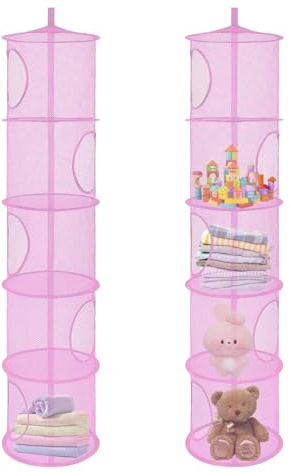 Hanging Mesh Storage Basket, 2 PCS Foldable Soft Toy Storage, 5 Tier Hanging Toy Storage Net, Teddy Storage Hanging Mesh, Polyester Hanging Mesh Storage Basket for Soft Toys Clothes Sundries(Pink)