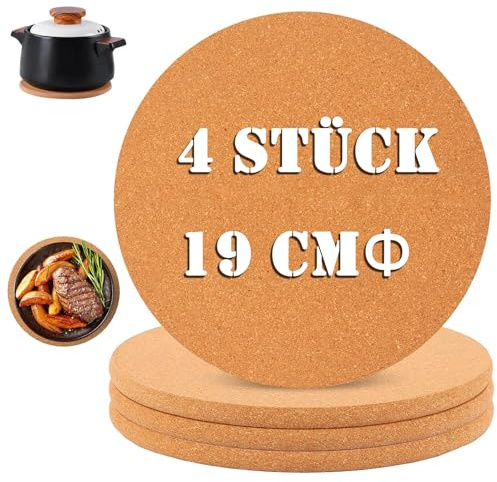 4 Pack Topfuntersetzer Kork, 19 cm Holz Korkuntersetzer, Rutschfester Hitzebeständiger Untersetzer, Wiederverwendbar Hitzebestaendig Untersetzer Kork für Zuhause Küche Wohnzimmer