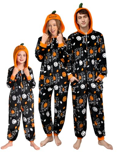 OLAOLA Pyjama Famille Coordonné Noël, Grenouillère à Capuche pour Carnaval et Halloween, Pyjama Flanelle Fêtes (7-9 Ans, Citrouille)