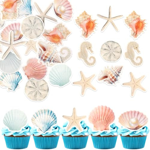 60 Stück Essbare Sommer Meer Muscheln Tortendeko Seestern Muschel Meerestier Kuchen Deko für Ozean unter dem Meer Thema Baby Dusche Kinder Geburtstag Party Kuchen Dekorationen