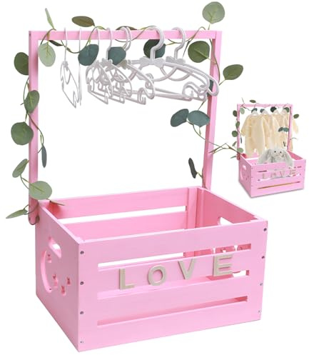 Babyparty Geschenk Holz Babykorb mit Griff, Holz Baby Geschenk Korb Kinder Kleiderbügel und Girlande, Baby Schrank, Baby Aufbewahrungskorb,Personalisierte Baby Korb für Schwangere Neue Eltern