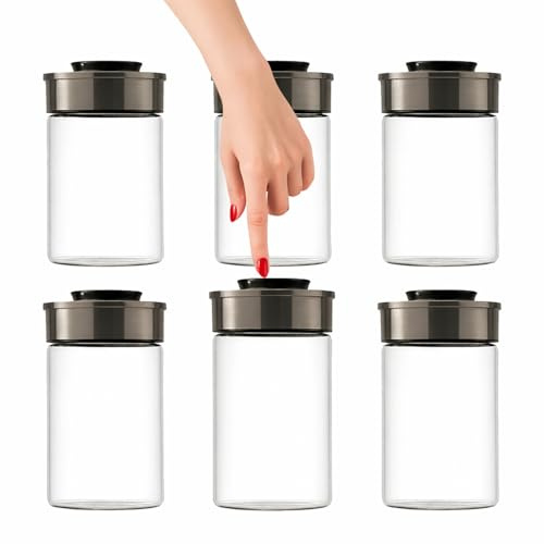 Vorratsglas Set 6x1000 ml Vakuum Glasbehälter Luftdicht Edelstahl Deckel | BURI Glasdose mit Edelstahldeckel, Klickverschluss, stapelbar, mottensicher und spülmaschinenfest für Küchenvorräte