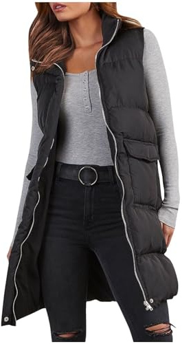 NSICBMNO Black Long Gilet For Women Uk - Winter Jacket Women, Padded Gilet Ladies Gillette Body Warmer Puffer Vest, Puffer Long Padded Coats Zip Up Vest With Pockets, Sleeveless Quilted Jacket