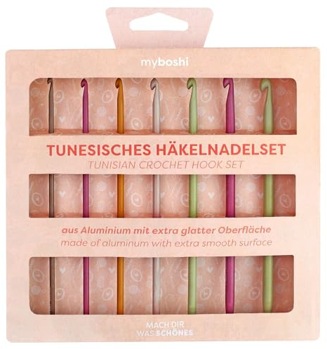 myboshi Tunesisches Häkelnadel-Set aus Aluminium mit austauschbaren Seilen, 7 Größen Bunt, 7 Häkelnadeln